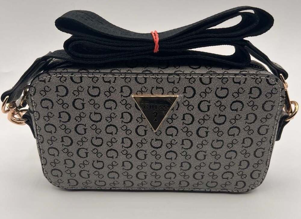 Guess Monogram Print Crossbody Bag with Black Webbing Strap